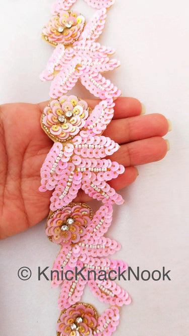 Pink And Gold Sequins Trim With Diamante Beads, Floral Trims, Trimming